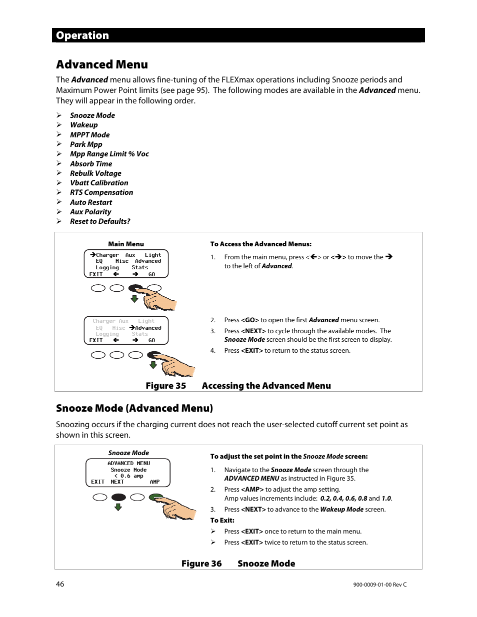 Advanced menu, Operation, Snooze mode (advanced menu) | Outback Power Systems FLEXmax 80 Owners Manual User Manual | Page 48 / 112