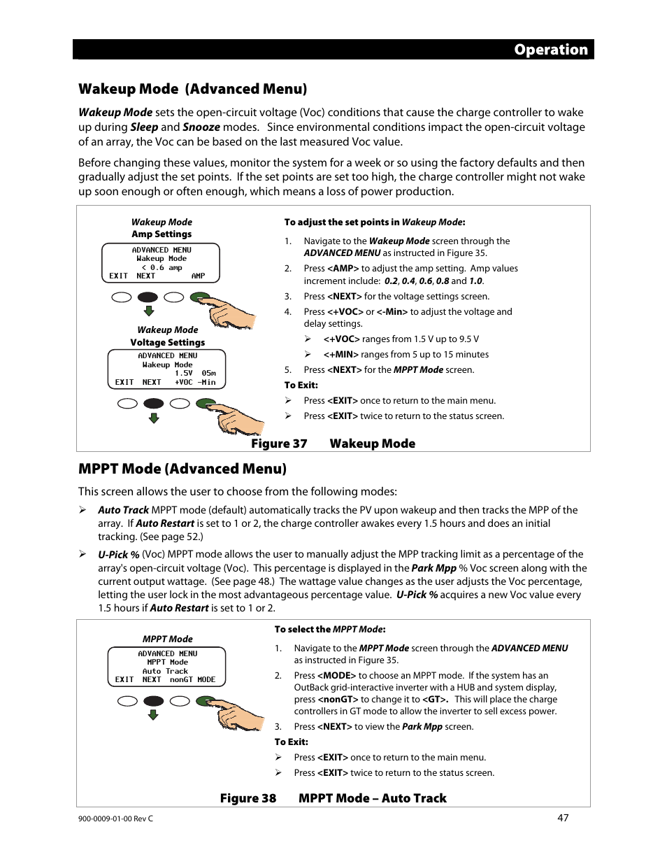 Operation, Wakeup mode (advanced menu), Mppt mode (advanced menu) | Outback Power Systems FLEXmax 80 Owners Manual User Manual | Page 49 / 112