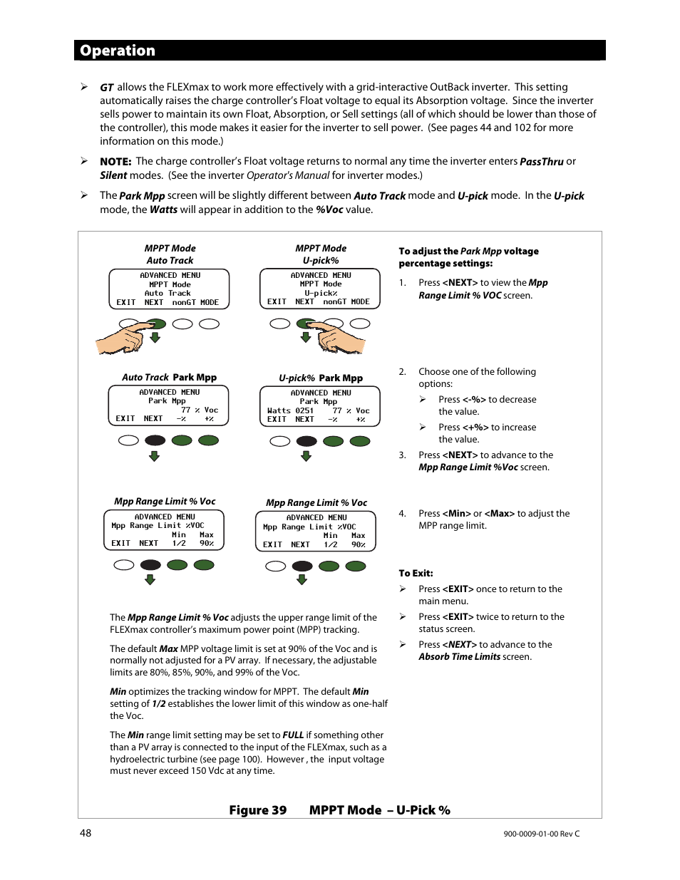 Operation, Figure 39 mppt mode – u-pick | Outback Power Systems FLEXmax 80 Owners Manual User Manual | Page 50 / 112