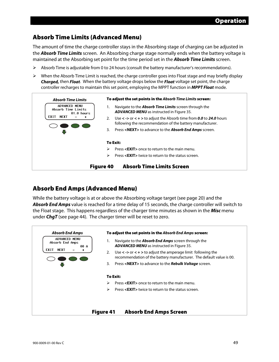 Operation, Absorb time limits (advanced menu), Absorb end amps (advanced menu) | Outback Power Systems FLEXmax 80 Owners Manual User Manual | Page 51 / 112