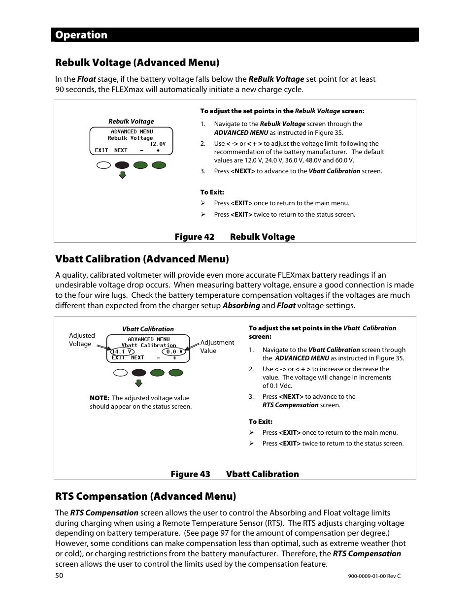 Operation, Rebulk voltage (advanced menu), Vbatt calibration (advanced menu) | Rts compensation (advanced menu) | Outback Power Systems FLEXmax 80 Owners Manual User Manual | Page 52 / 112