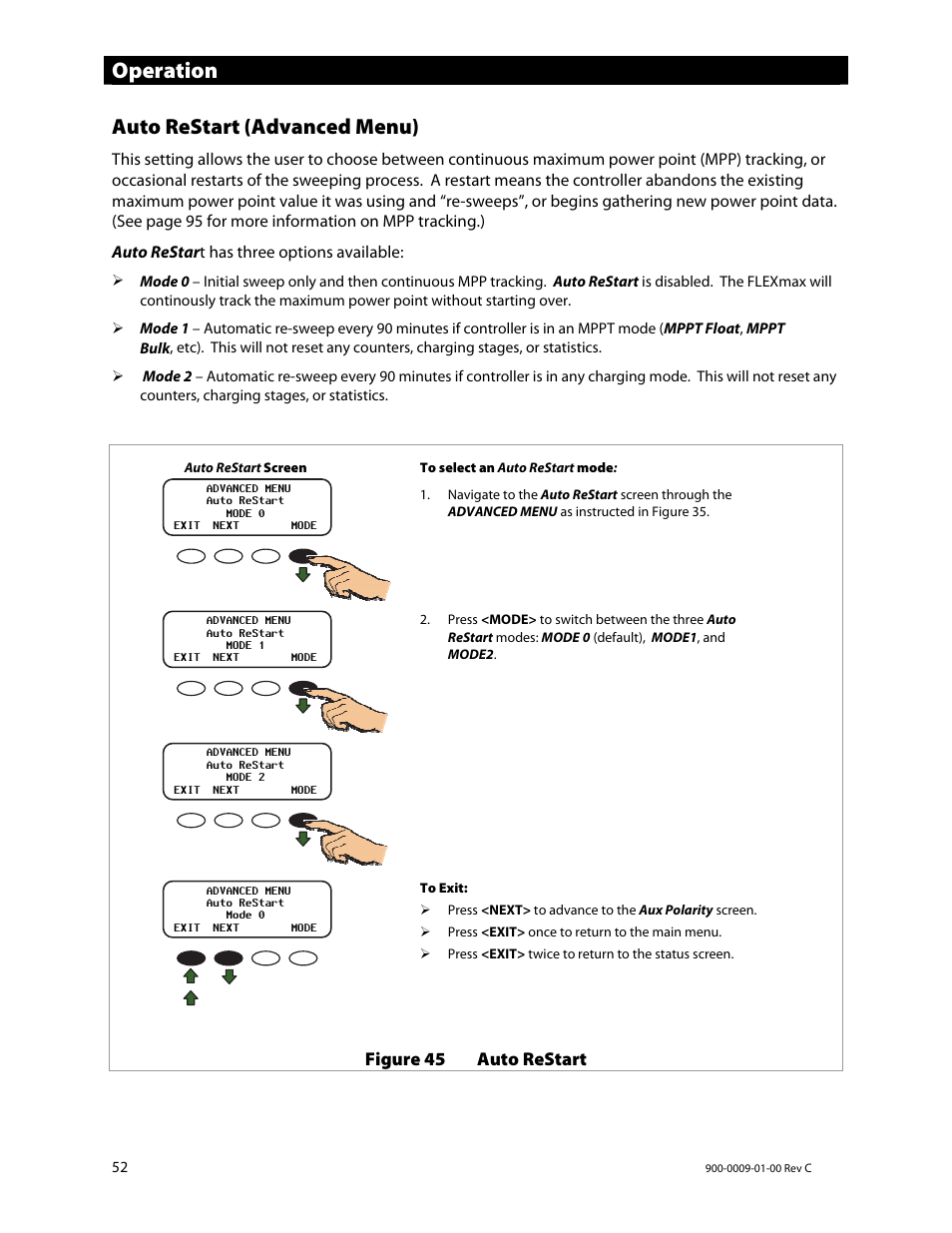 Operation, Auto restart (advanced menu) | Outback Power Systems FLEXmax 80 Owners Manual User Manual | Page 54 / 112