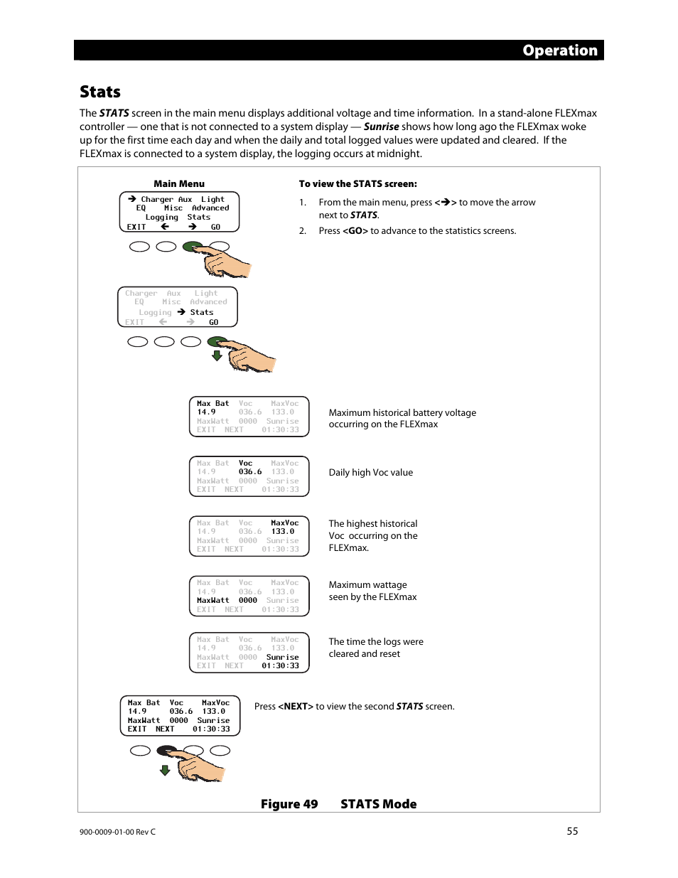 Stats, Operation, Figure 49 stats mode | Outback Power Systems FLEXmax 80 Owners Manual User Manual | Page 57 / 112