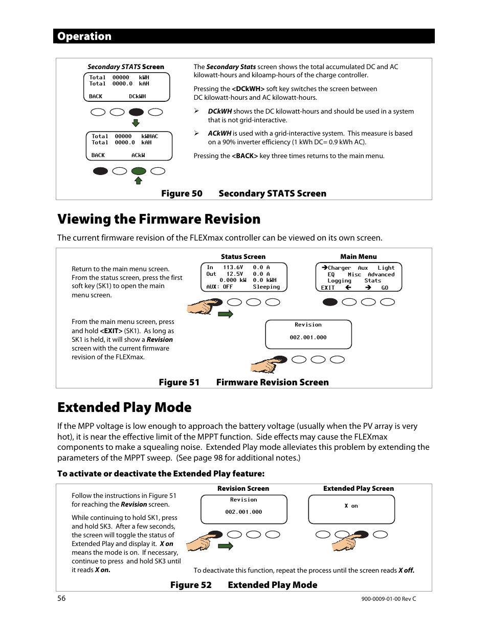 Viewing the firmware revision, Extended play mode, Operation | Outback Power Systems FLEXmax 80 Owners Manual User Manual | Page 58 / 112