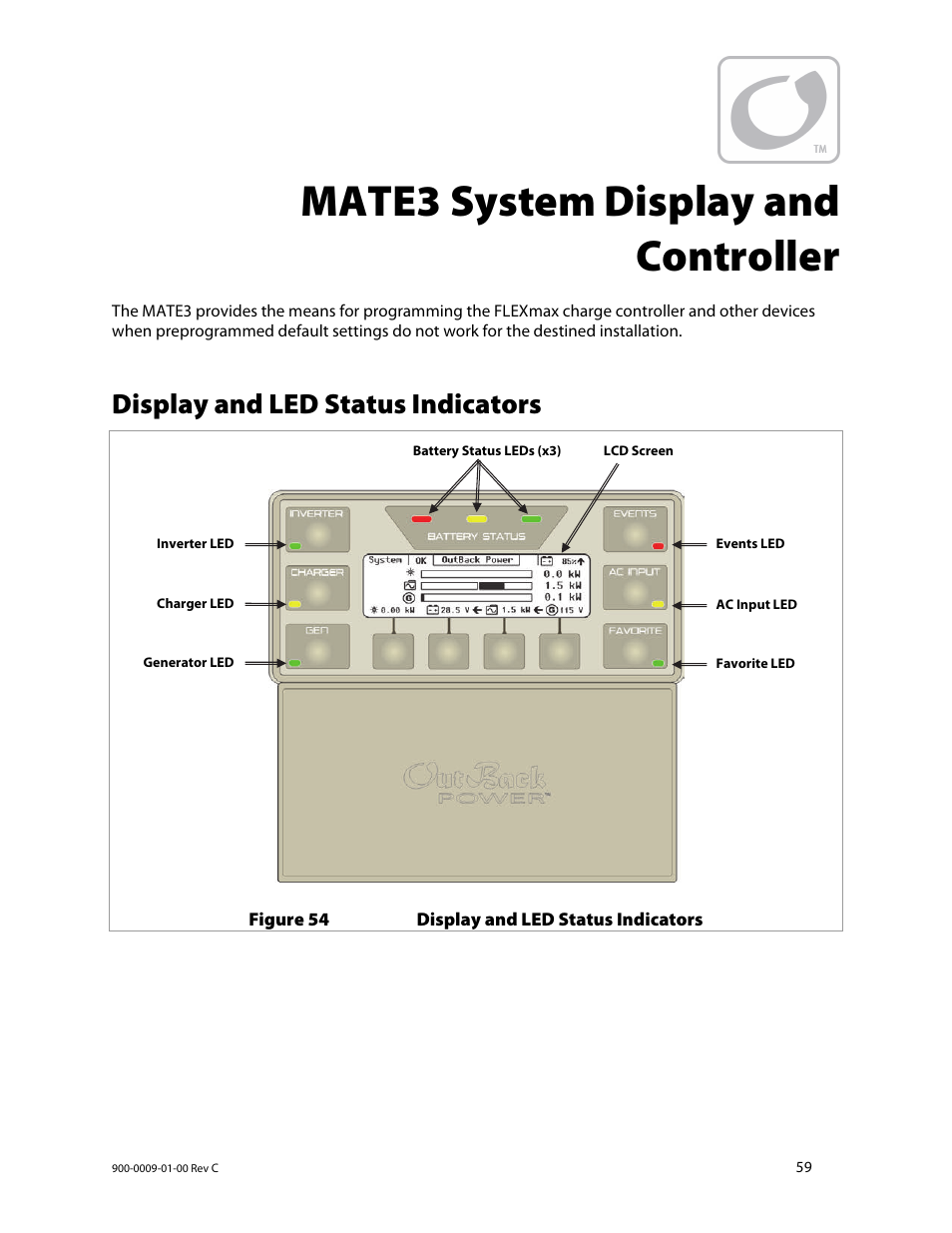 Mate3 system display and controller, Display and led status indicators | Outback Power Systems FLEXmax 80 Owners Manual User Manual | Page 61 / 112