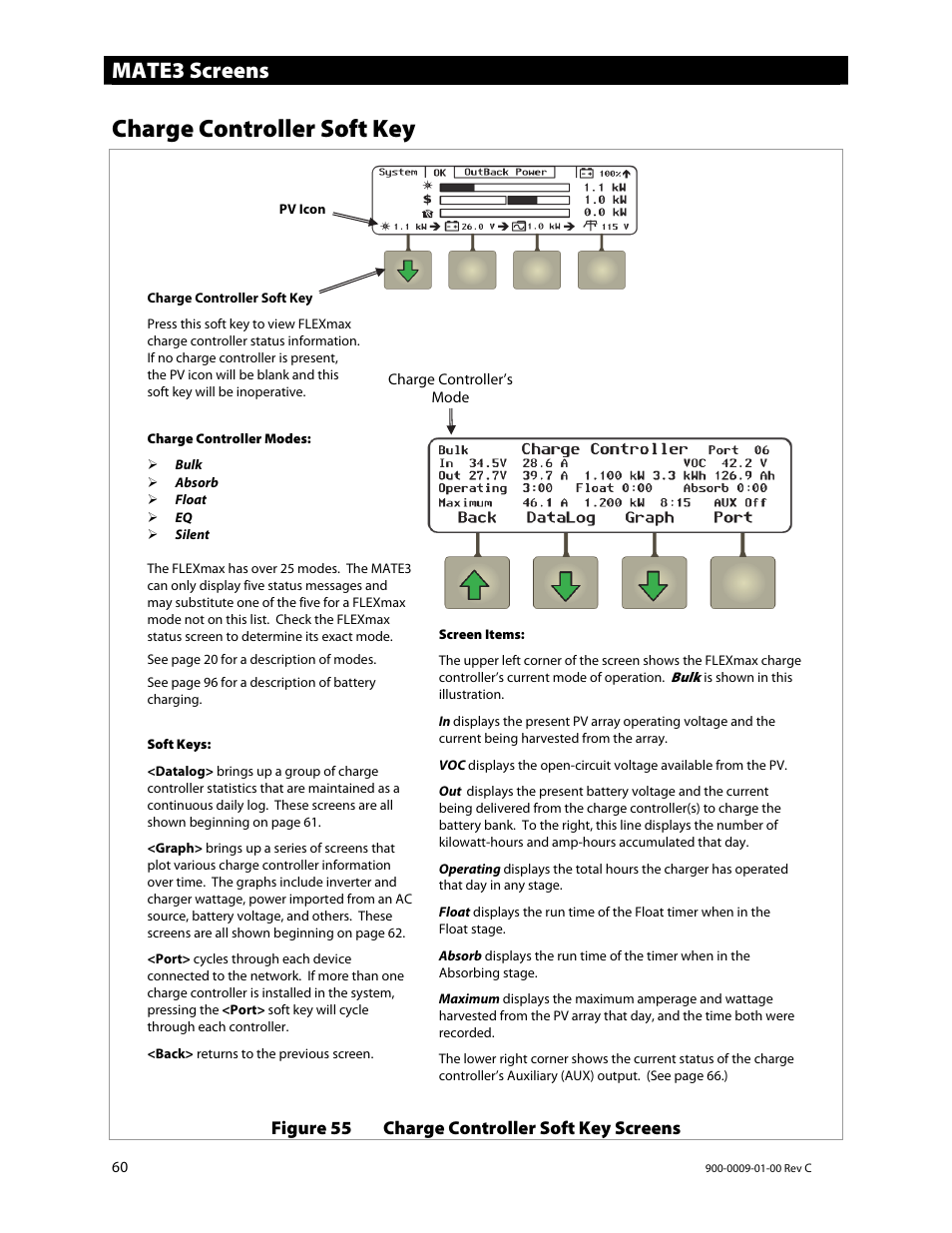 Charge controller soft key, Mate3 screens | Outback Power Systems FLEXmax 80 Owners Manual User Manual | Page 62 / 112