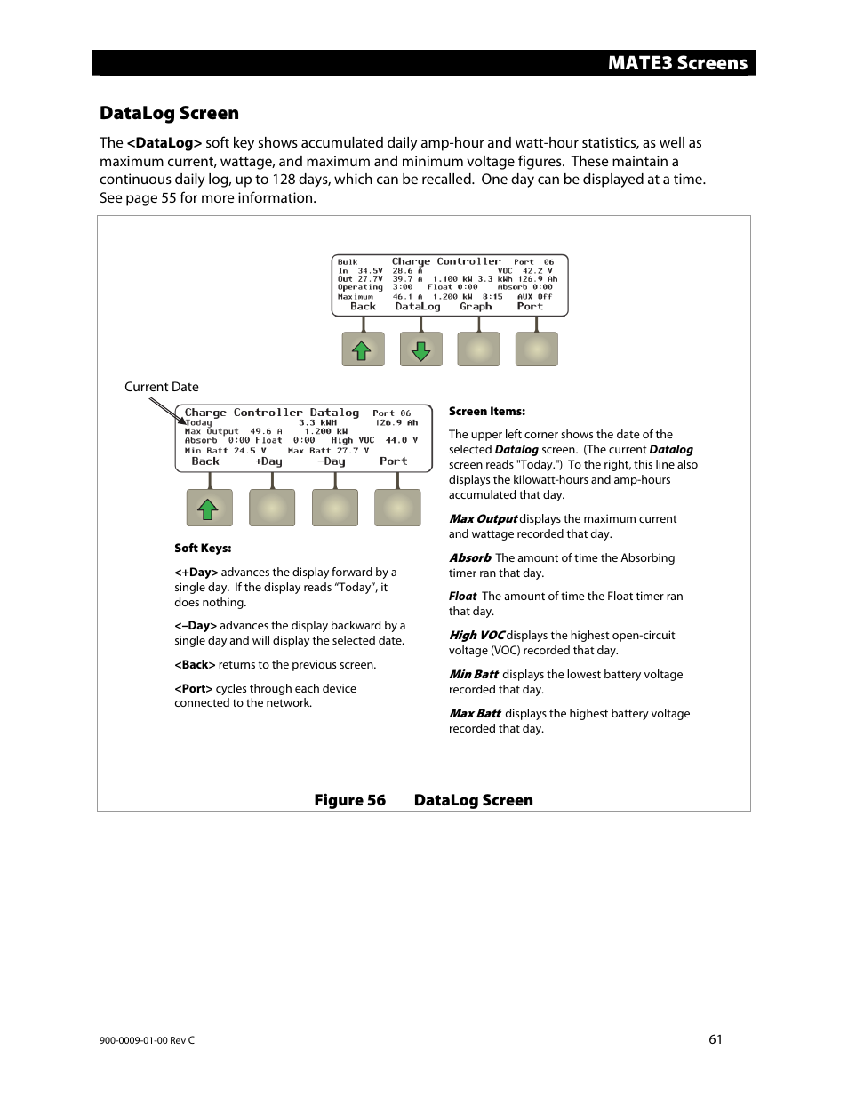 Mate3 screens, Datalog screen | Outback Power Systems FLEXmax 80 Owners Manual User Manual | Page 63 / 112