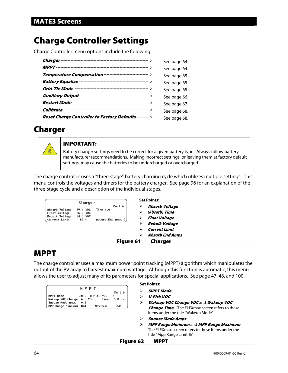 Charge controller settings, Charger, Mppt | Mate3 screens | Outback Power Systems FLEXmax 80 Owners Manual User Manual | Page 66 / 112