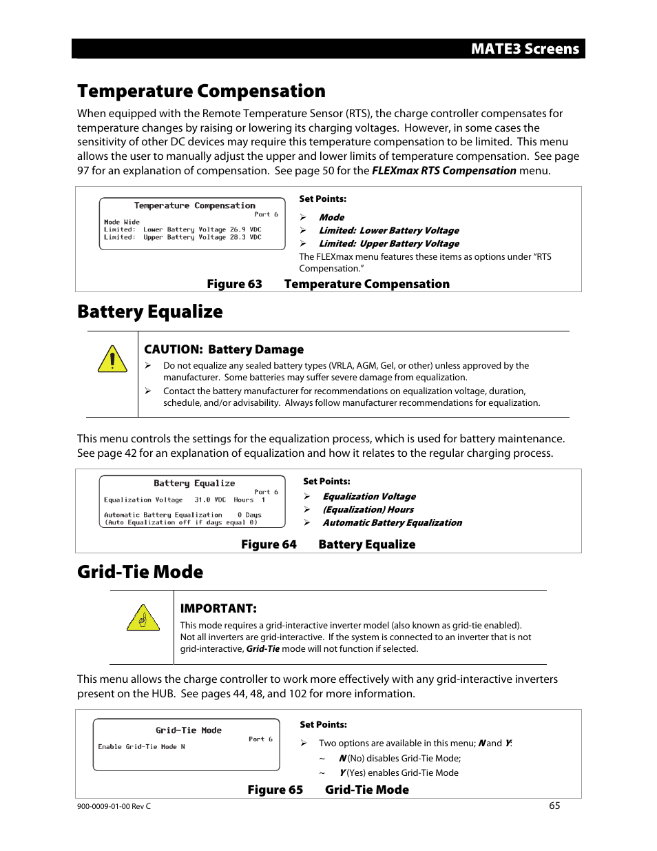 Temperature compensation, Battery equalize, Grid-tie mode | Mate3 screens | Outback Power Systems FLEXmax 80 Owners Manual User Manual | Page 67 / 112