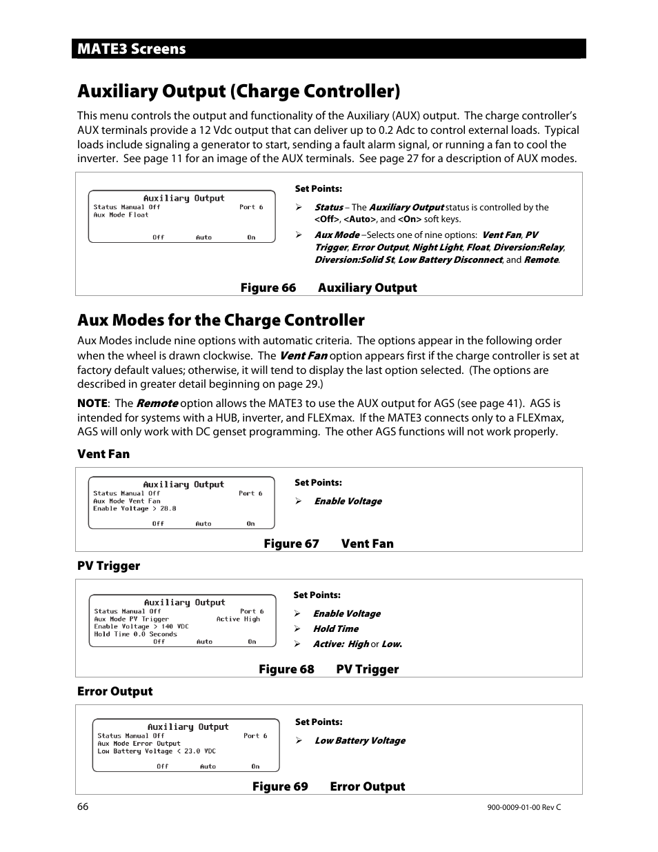 Auxiliary output (charge controller), Aux modes for the charge controller, Mate3 screens | Outback Power Systems FLEXmax 80 Owners Manual User Manual | Page 68 / 112