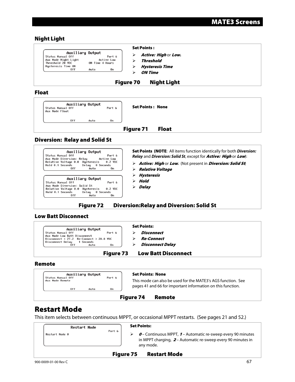 Restart mode, Mate3 screens | Outback Power Systems FLEXmax 80 Owners Manual User Manual | Page 69 / 112