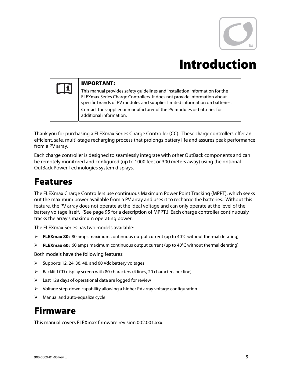 Introduction, Features, Firmware | Outback Power Systems FLEXmax 80 Owners Manual User Manual | Page 7 / 112