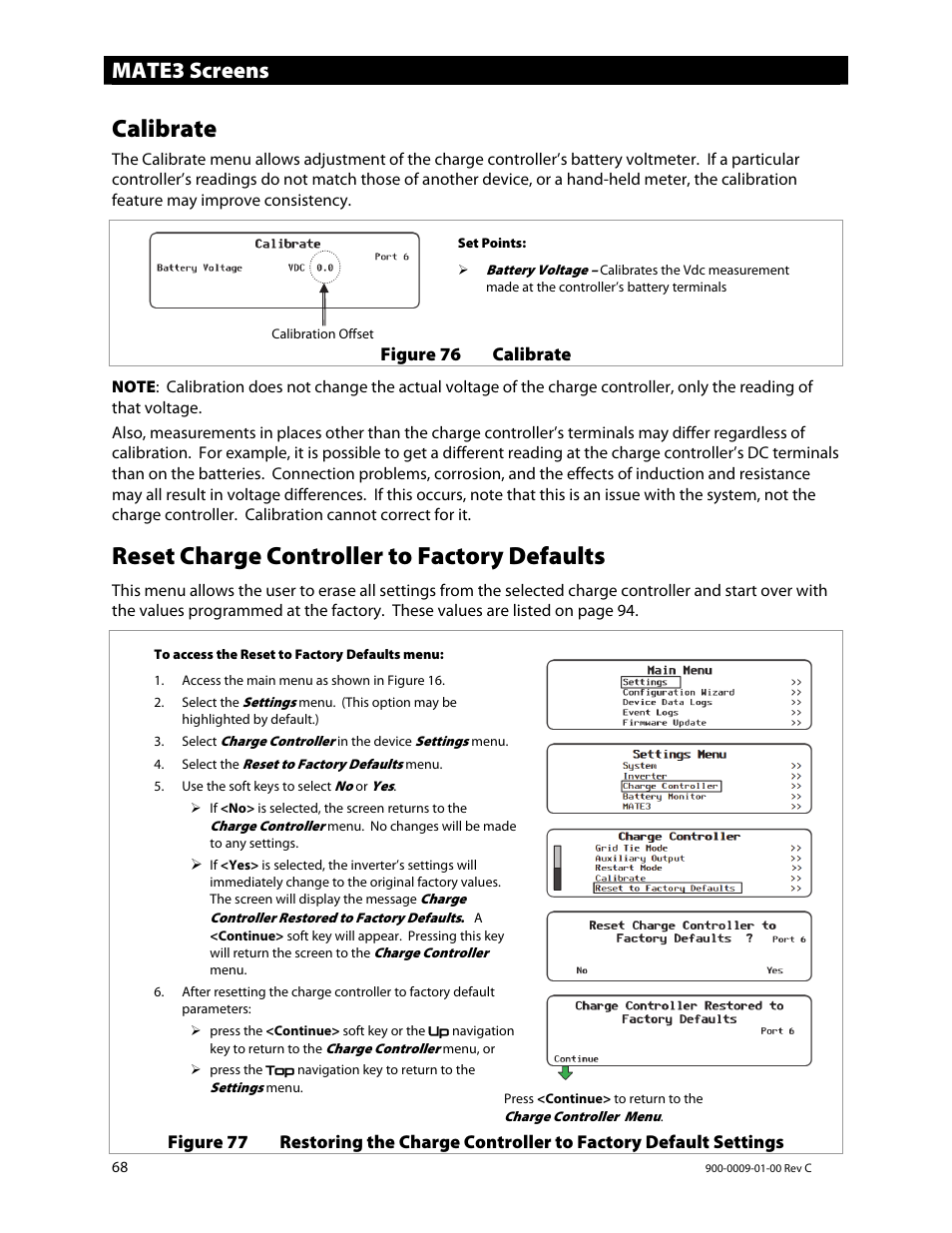 Calibrate, Reset charge controller to factory defaults, Mate3 screens | Outback Power Systems FLEXmax 80 Owners Manual User Manual | Page 70 / 112