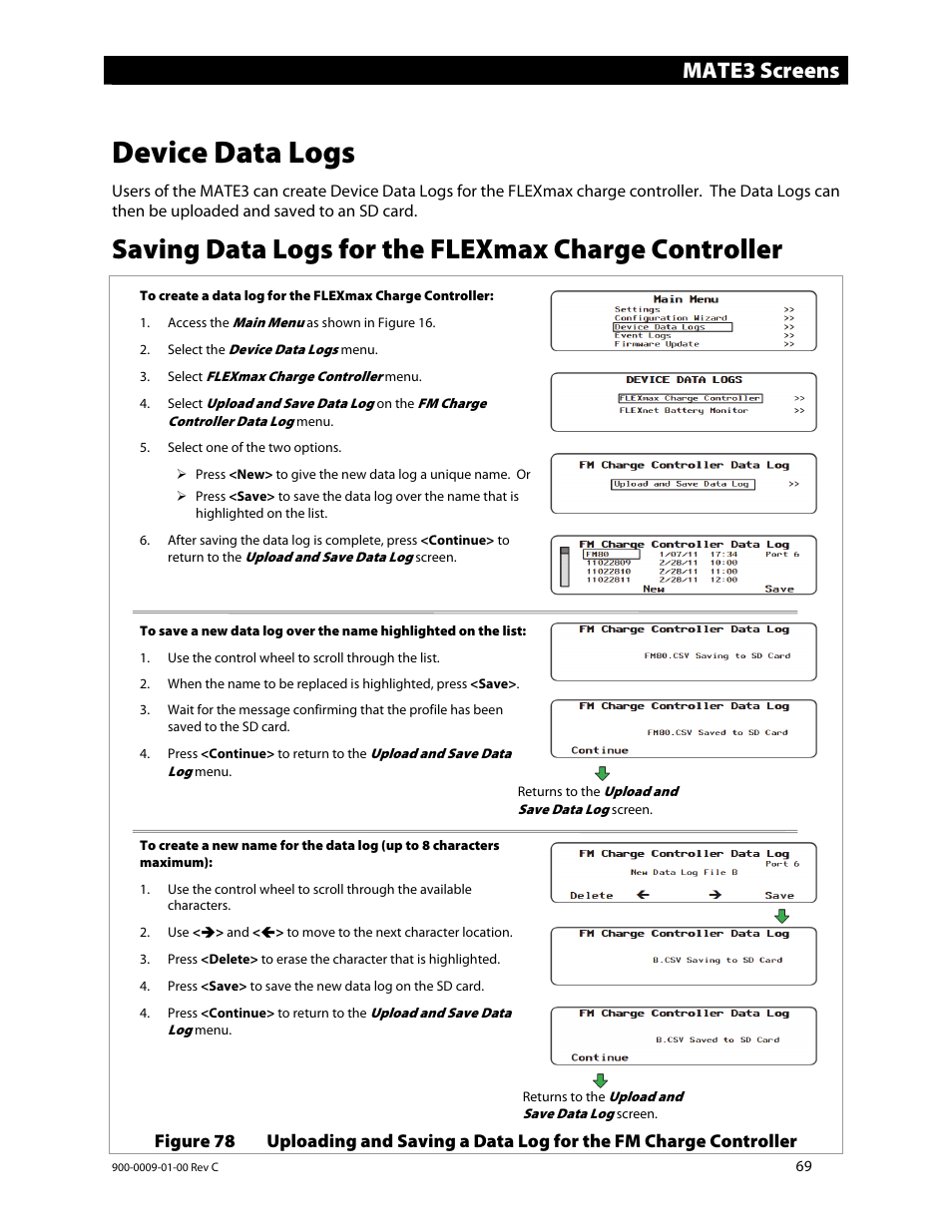 Device data logs, Saving data logs for the flexmax charge controller, Mate3 screens | Outback Power Systems FLEXmax 80 Owners Manual User Manual | Page 71 / 112