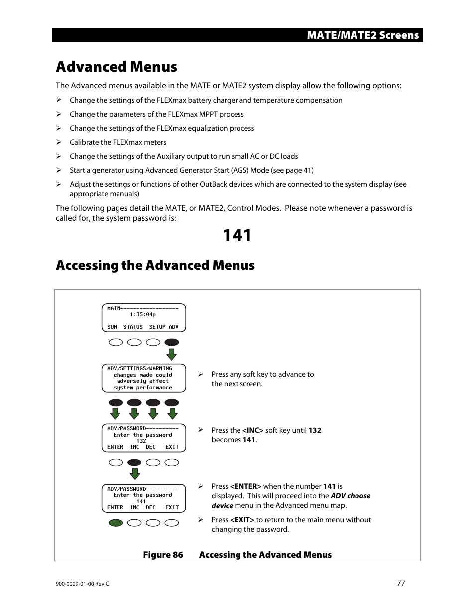 Advanced menus, Accessing the advanced menus, Mate/mate2 screens | Outback Power Systems FLEXmax 80 Owners Manual User Manual | Page 79 / 112