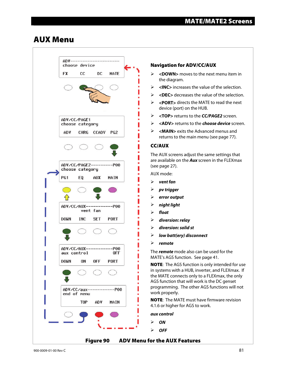 Aux menu, Mate/mate2 screens | Outback Power Systems FLEXmax 80 Owners Manual User Manual | Page 83 / 112