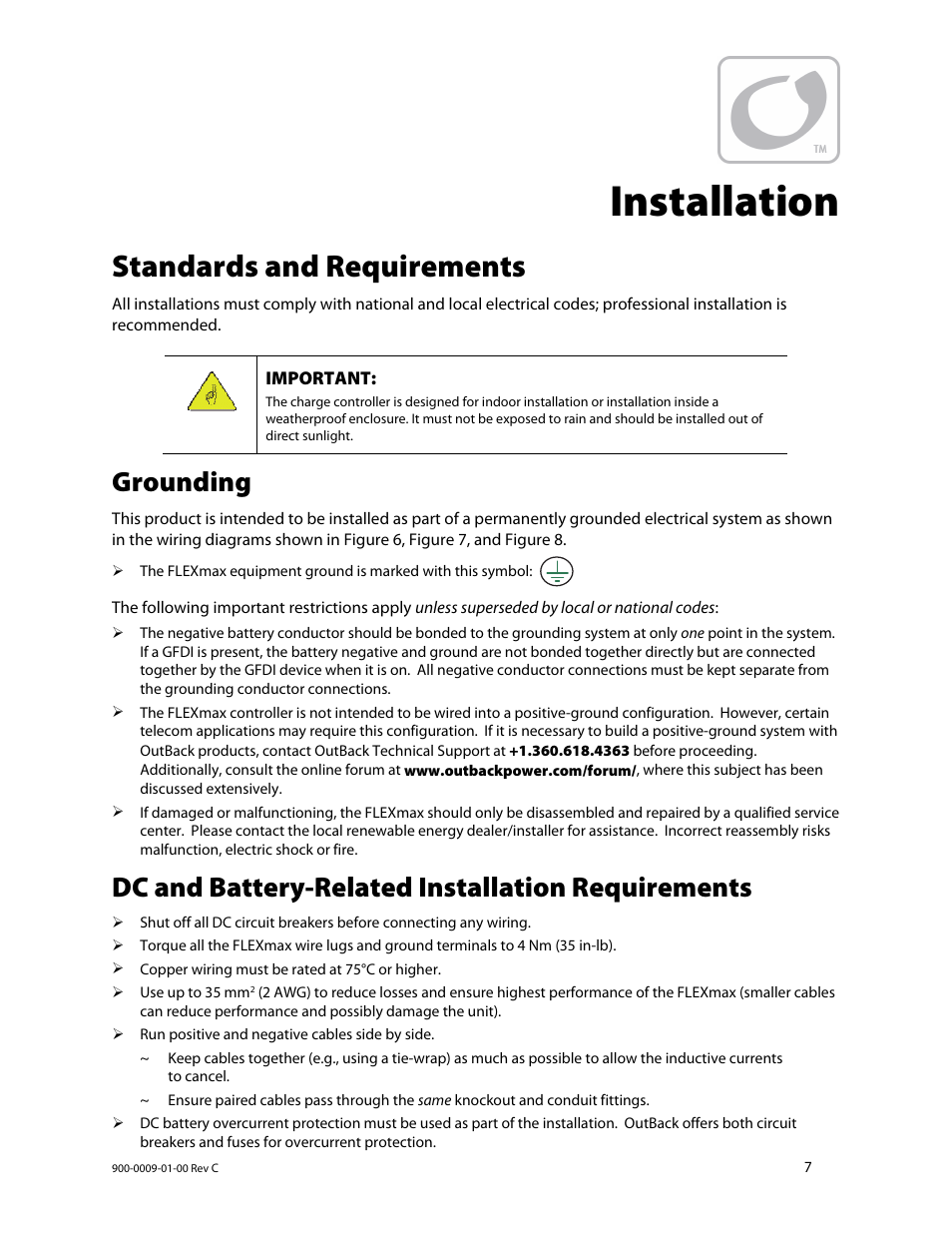 Installation, Standards and requirements, Grounding | Dc and battery-related installation requirements | Outback Power Systems FLEXmax 80 Owners Manual User Manual | Page 9 / 112