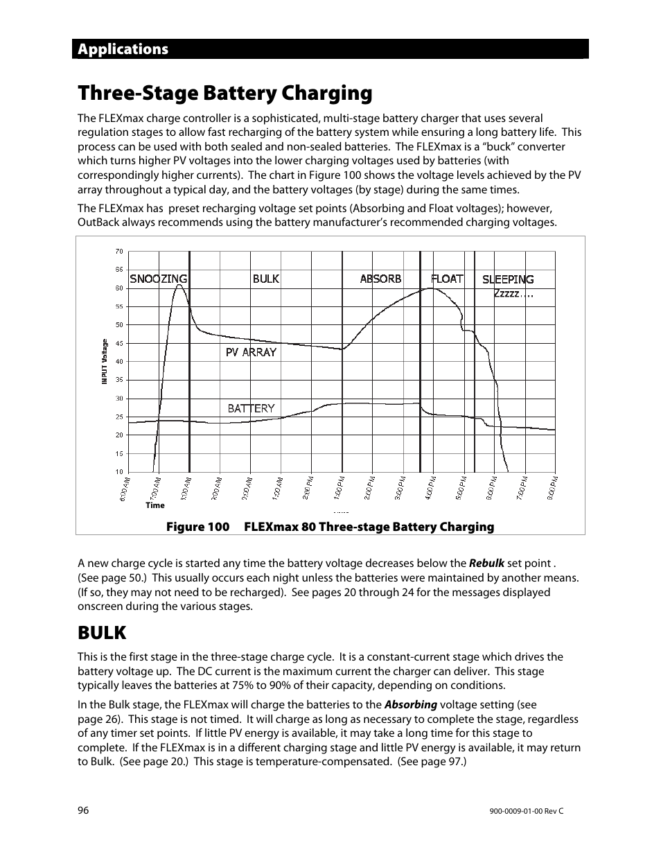 Three-stage battery charging, Bulk, Applications | Outback Power Systems FLEXmax 80 Owners Manual User Manual | Page 98 / 112