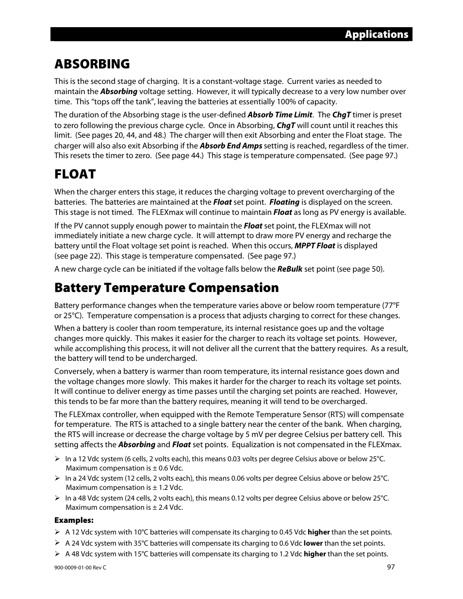 Absorbing, Float, Battery temperature compensation | Applications | Outback Power Systems FLEXmax 80 Owners Manual User Manual | Page 99 / 112