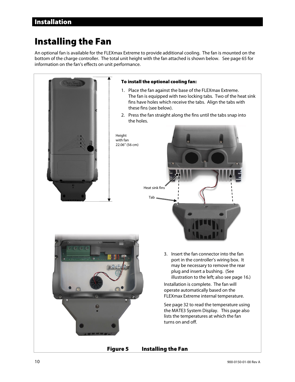 Installing the fan, Installation | Outback Power Systems FLEXmax Extreme Owners Manual User Manual | Page 12 / 84