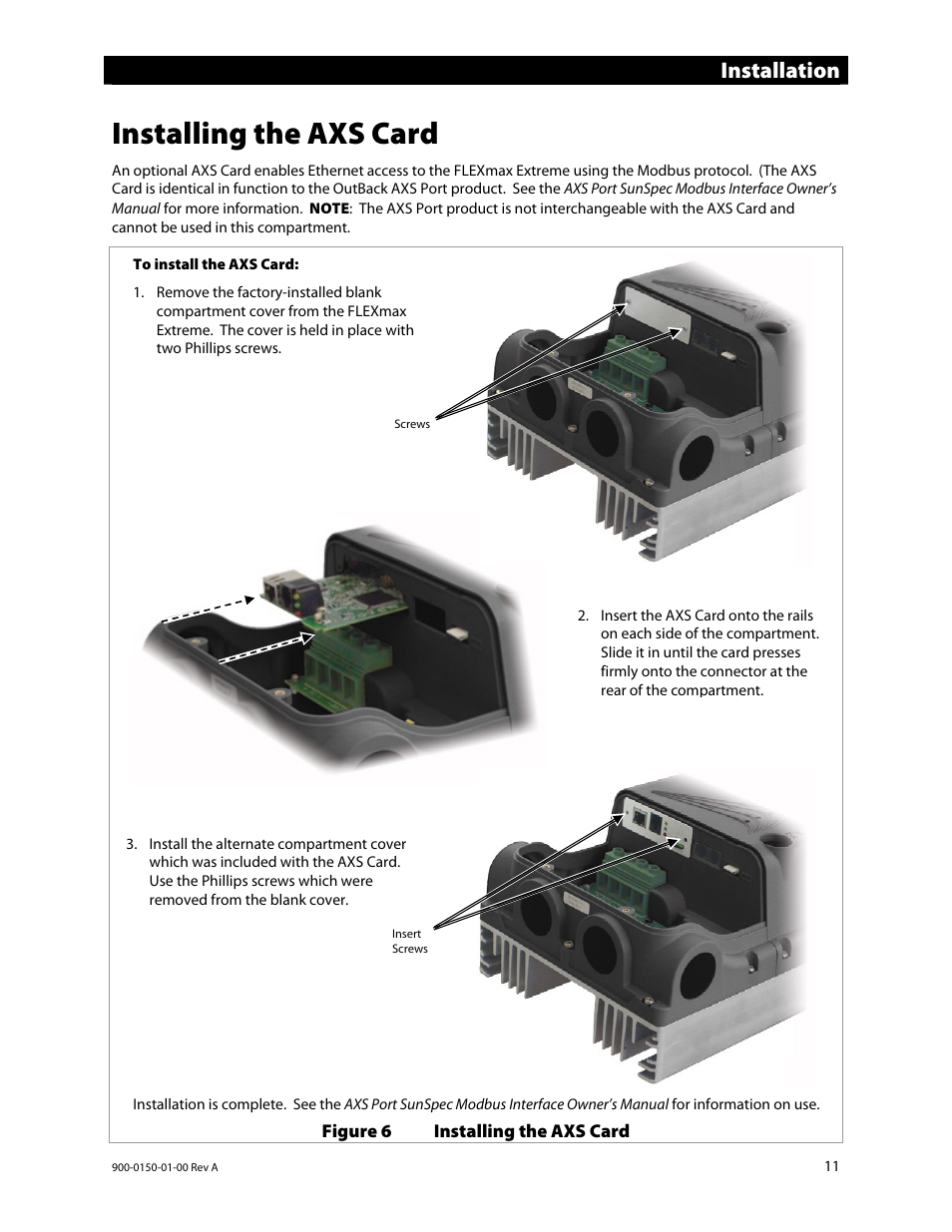 Installing the axs card, Installation | Outback Power Systems FLEXmax Extreme Owners Manual User Manual | Page 13 / 84