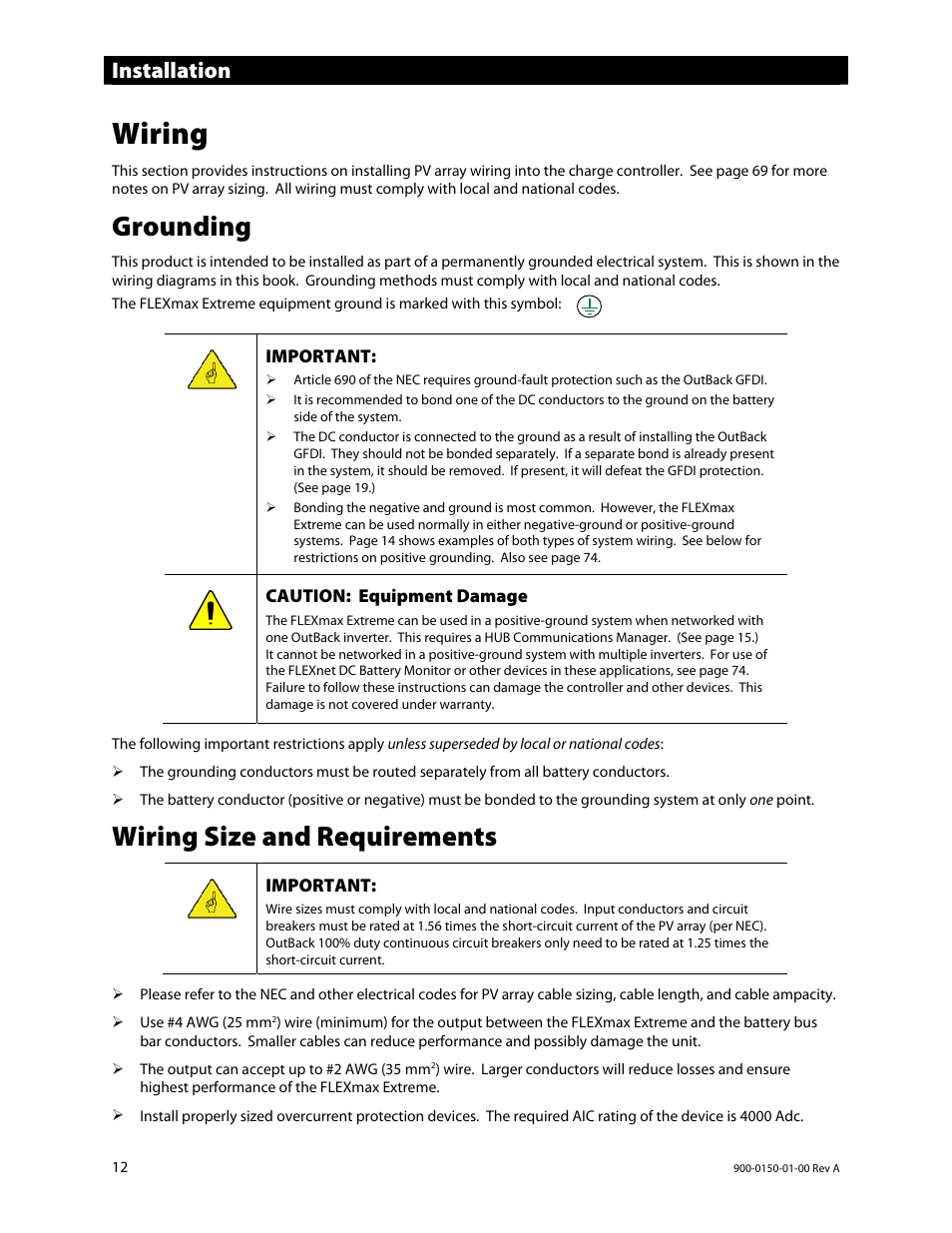 Wiring, Grounding, Wiring size and requirements | Installation | Outback Power Systems FLEXmax Extreme Owners Manual User Manual | Page 14 / 84