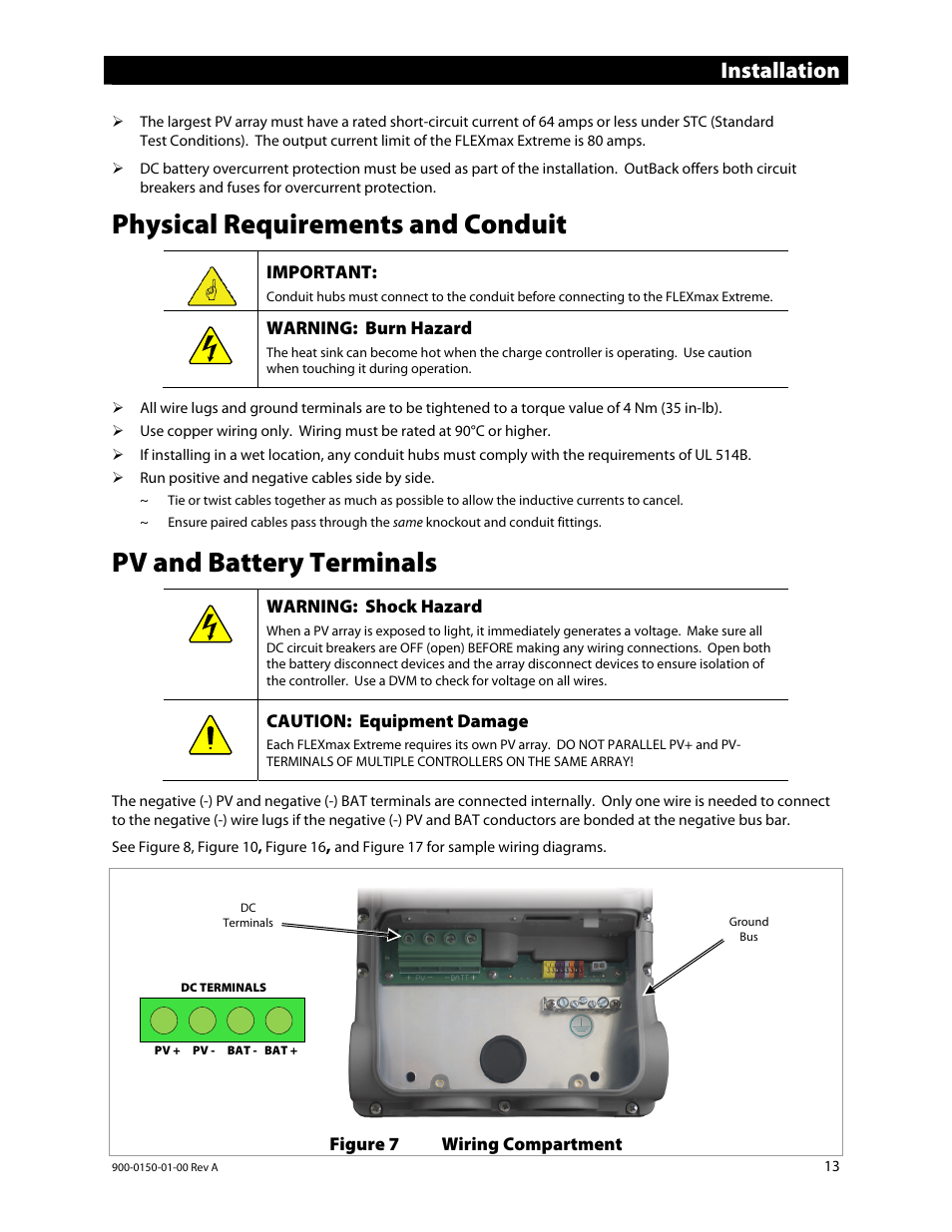 Physical requirements and conduit, Pv and battery terminals, Installation | Outback Power Systems FLEXmax Extreme Owners Manual User Manual | Page 15 / 84