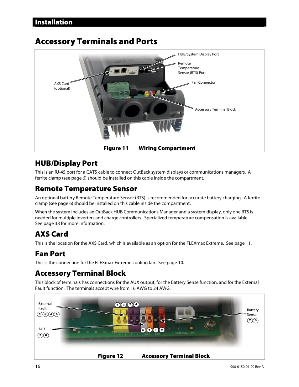 Accessory terminals and ports, Hub/display port, Remote temperature sensor | Axs card, Fan port, Accessory terminal block, Installation | Outback Power Systems FLEXmax Extreme Owners Manual User Manual | Page 18 / 84