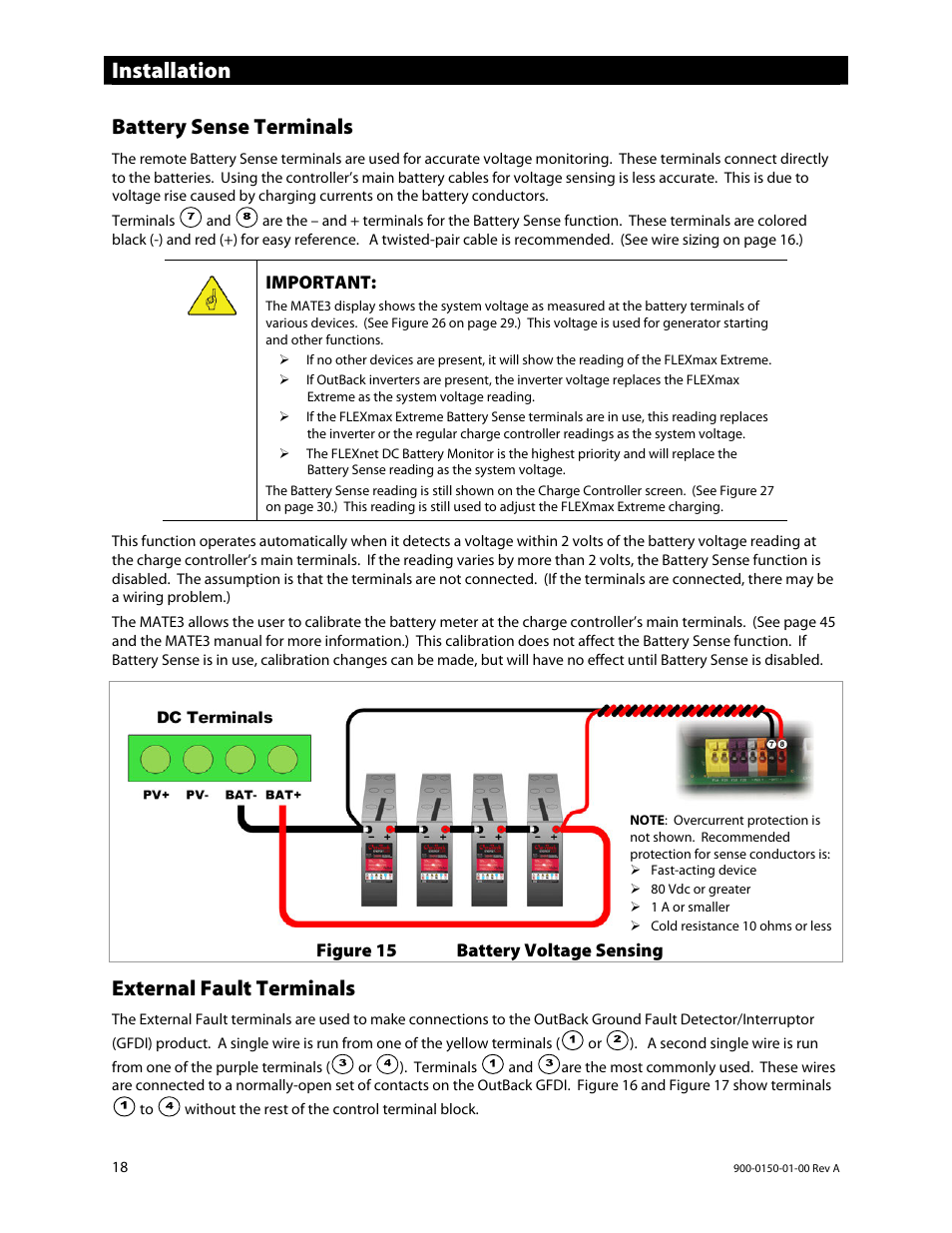 Installation, Battery sense terminals, External fault terminals | Outback Power Systems FLEXmax Extreme Owners Manual User Manual | Page 20 / 84