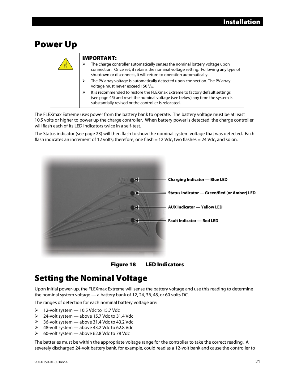 Power up, Setting the nominal voltage, Installation | Outback Power Systems FLEXmax Extreme Owners Manual User Manual | Page 23 / 84