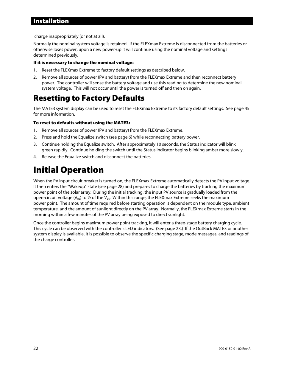 Initial operation, Resetting to factory defaults, Installation | Outback Power Systems FLEXmax Extreme Owners Manual User Manual | Page 24 / 84