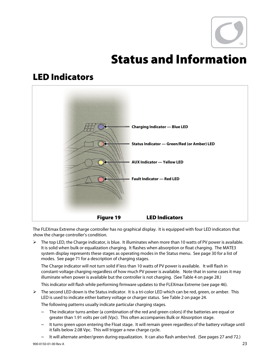 Status and information, Led indicators | Outback Power Systems FLEXmax Extreme Owners Manual User Manual | Page 25 / 84