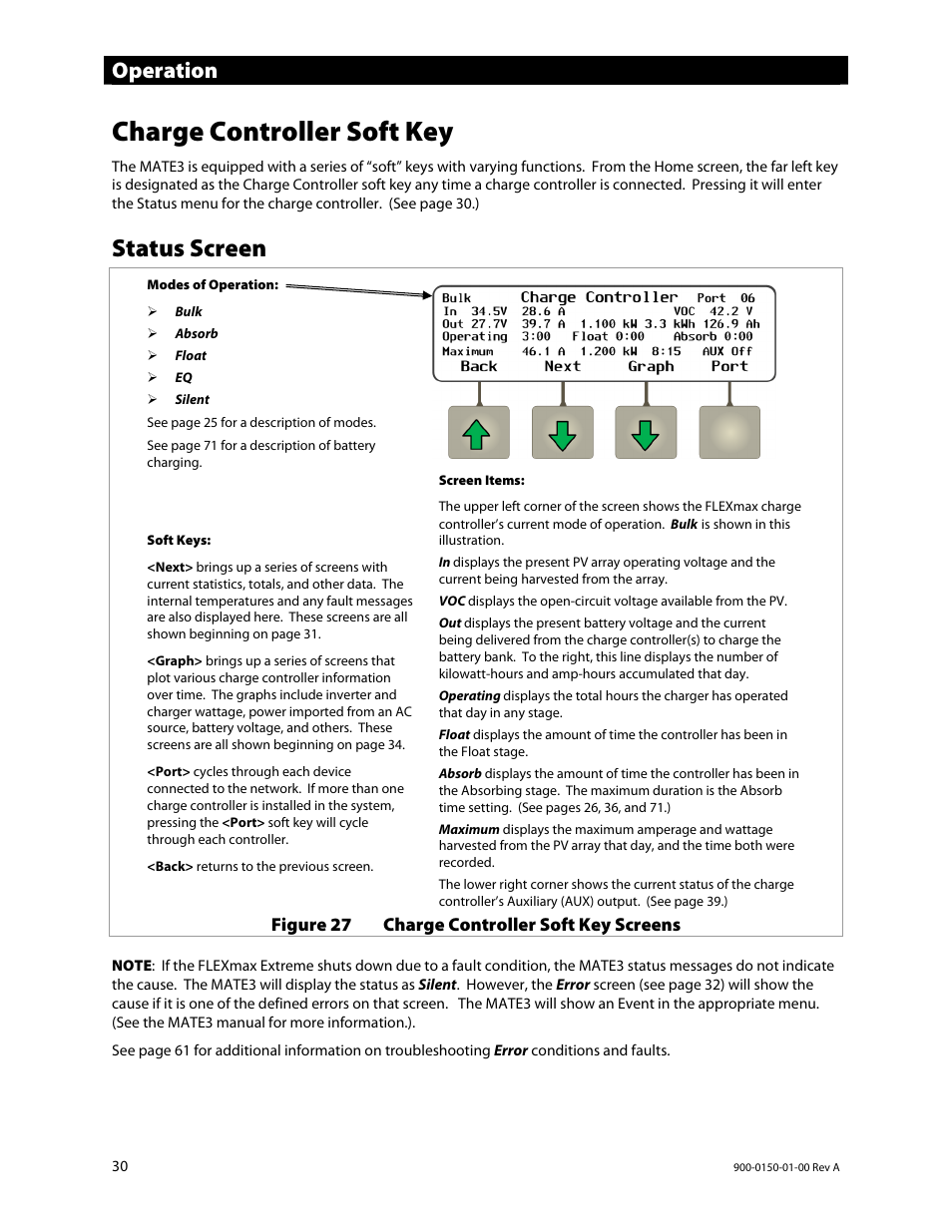 Charge controller soft key, Status screen, Operation | Outback Power Systems FLEXmax Extreme Owners Manual User Manual | Page 32 / 84