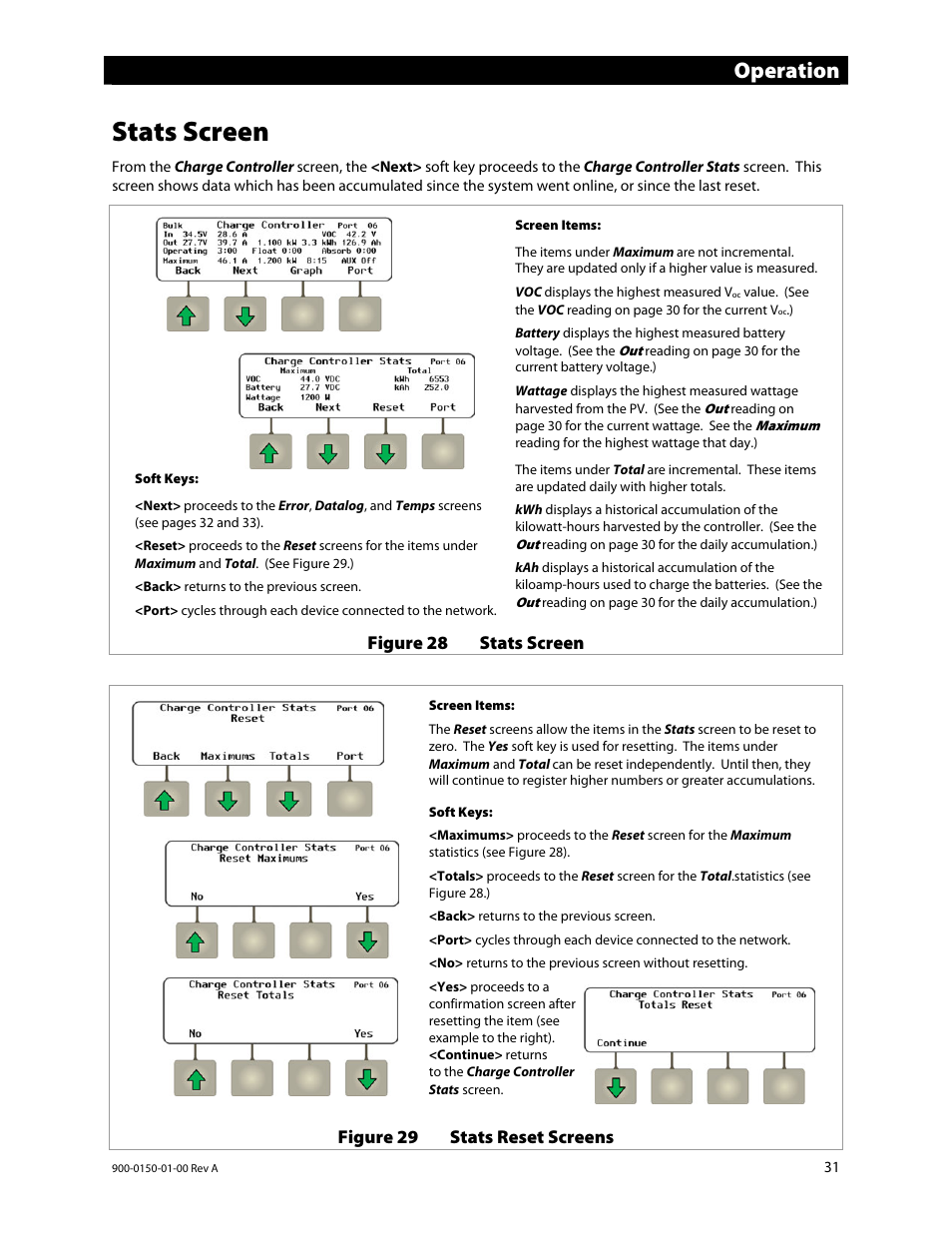 Stats screen, Operation | Outback Power Systems FLEXmax Extreme Owners Manual User Manual | Page 33 / 84