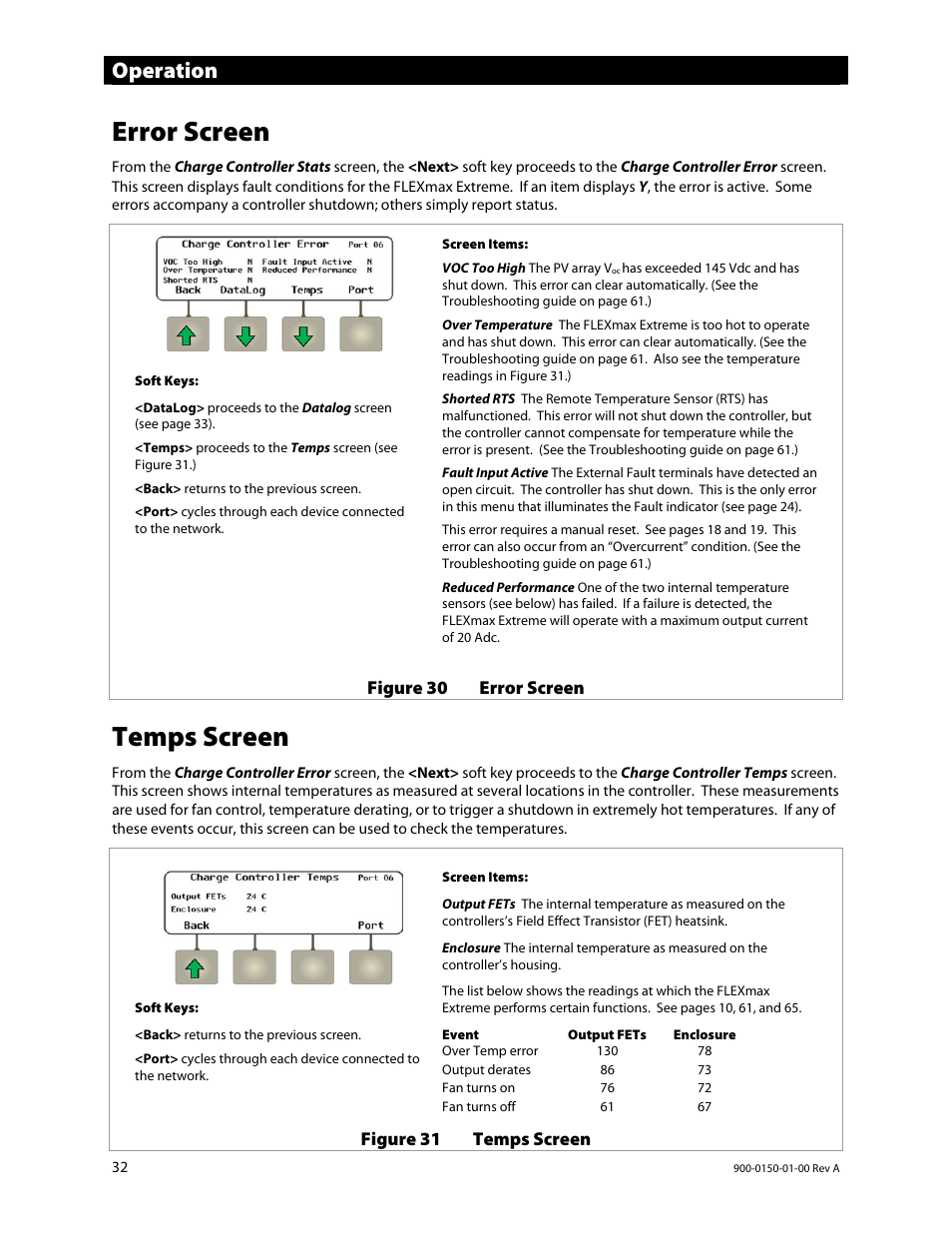 Error screen, Temps screen, Operation | Outback Power Systems FLEXmax Extreme Owners Manual User Manual | Page 34 / 84