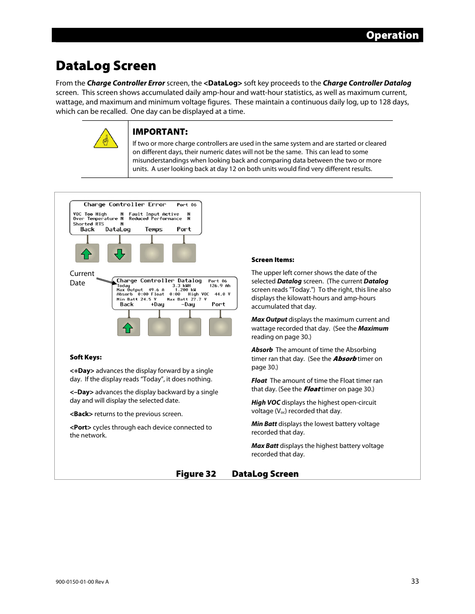 Datalog screen, Operation | Outback Power Systems FLEXmax Extreme Owners Manual User Manual | Page 35 / 84