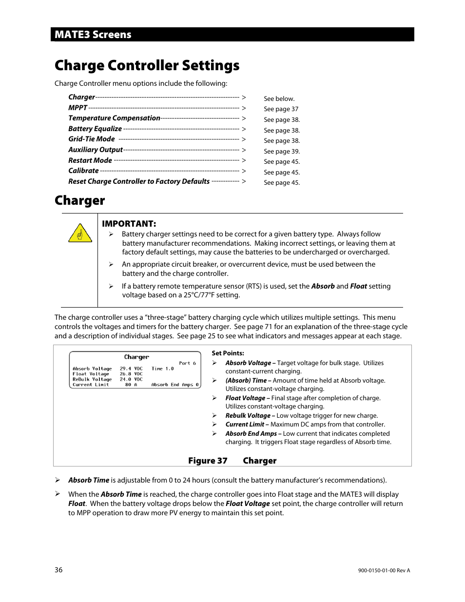 Charge controller settings, Charger, Mate3 screens | Outback Power Systems FLEXmax Extreme Owners Manual User Manual | Page 38 / 84