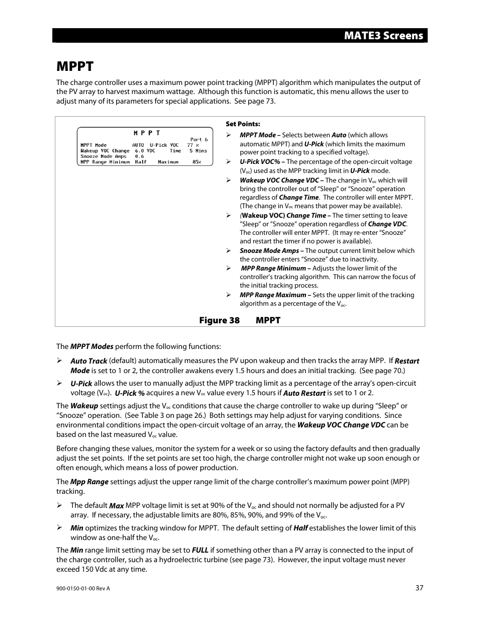 Mppt, Mate3 screens, Figure 38 mppt | Outback Power Systems FLEXmax Extreme Owners Manual User Manual | Page 39 / 84