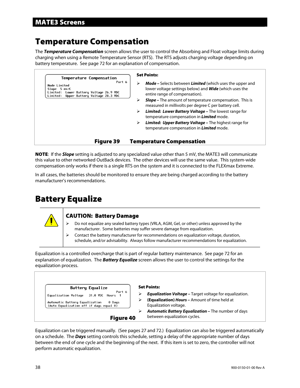 Temperature compensation, Battery equalize, Mate3 screens | Outback Power Systems FLEXmax Extreme Owners Manual User Manual | Page 40 / 84