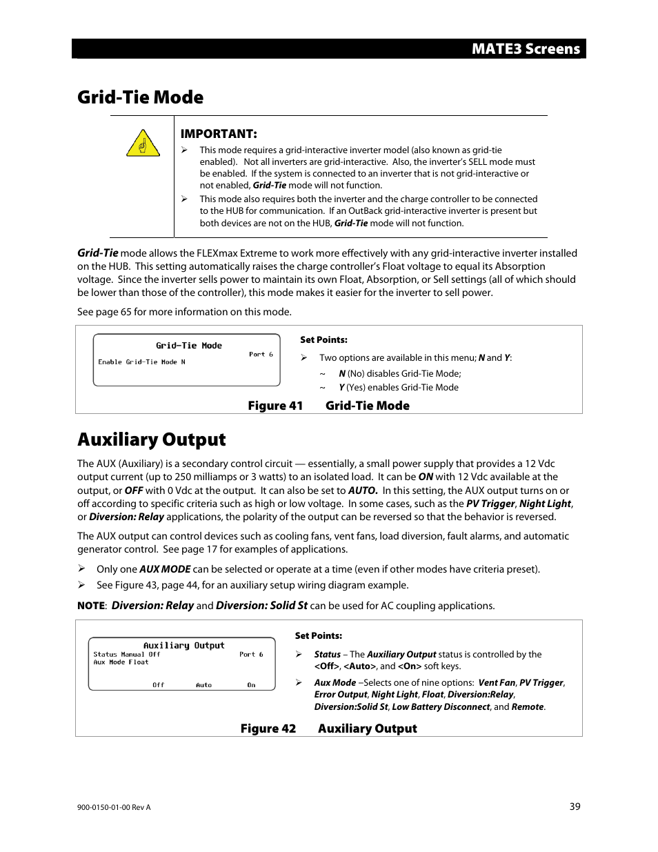 Grid-tie mode, Auxiliary output, Mate3 screens | Outback Power Systems FLEXmax Extreme Owners Manual User Manual | Page 41 / 84