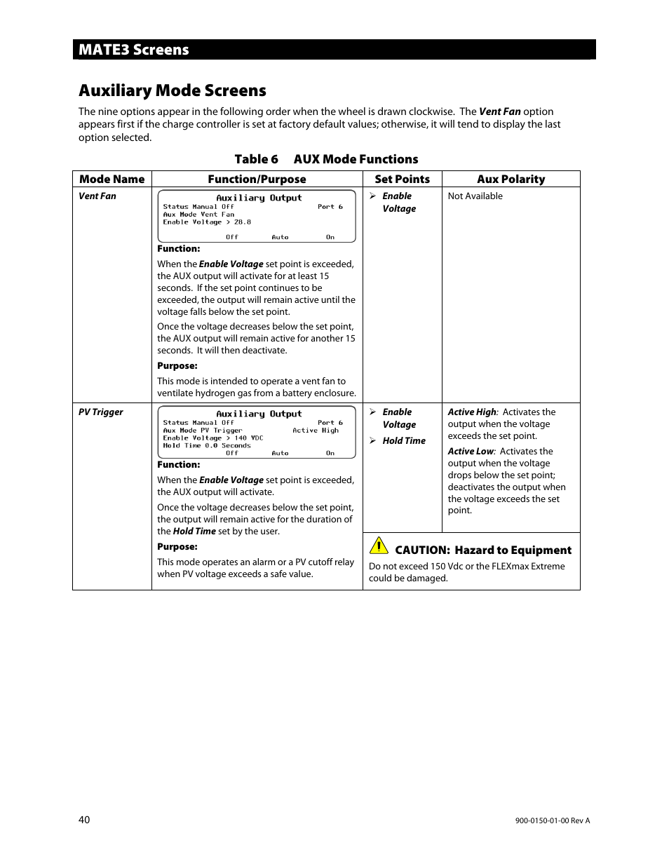 Auxiliary mode screens, Mate3 screens | Outback Power Systems FLEXmax Extreme Owners Manual User Manual | Page 42 / 84