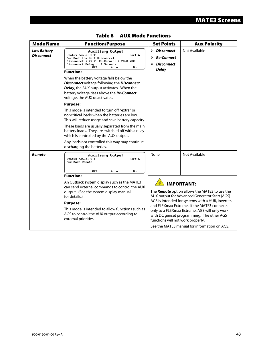 Mate3 screens | Outback Power Systems FLEXmax Extreme Owners Manual User Manual | Page 45 / 84