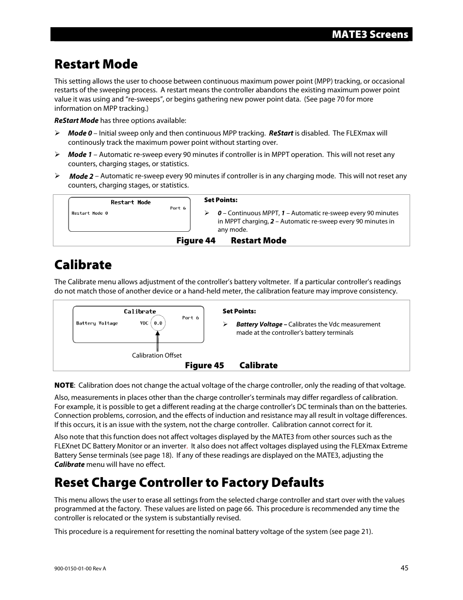 Restart mode, Calibrate, Reset charge controller to factory defaults | Mate3 screens | Outback Power Systems FLEXmax Extreme Owners Manual User Manual | Page 47 / 84