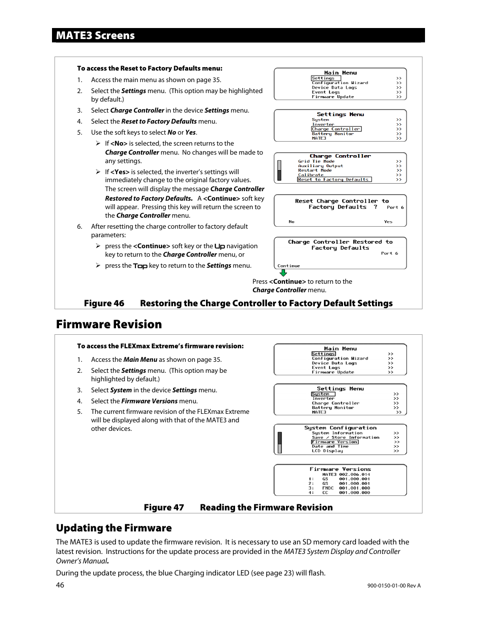 Firmware revision, Mate3 screens, Updating the firmware | Outback Power Systems FLEXmax Extreme Owners Manual User Manual | Page 48 / 84