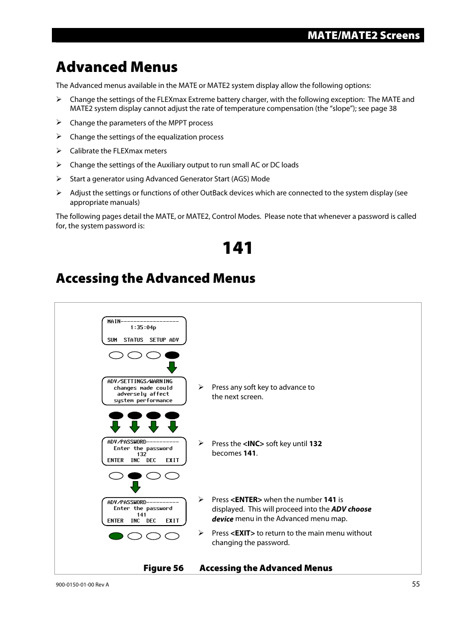 Advanced menus, Accessing the advanced menus, Mate/mate2 screens | Outback Power Systems FLEXmax Extreme Owners Manual User Manual | Page 57 / 84