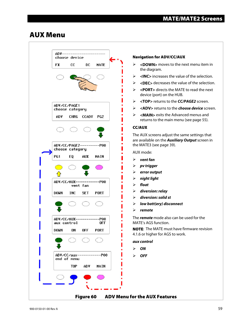 Aux menu, Mate/mate2 screens | Outback Power Systems FLEXmax Extreme Owners Manual User Manual | Page 61 / 84