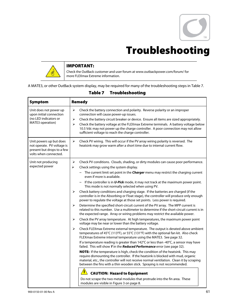 Troubleshooting | Outback Power Systems FLEXmax Extreme Owners Manual User Manual | Page 63 / 84