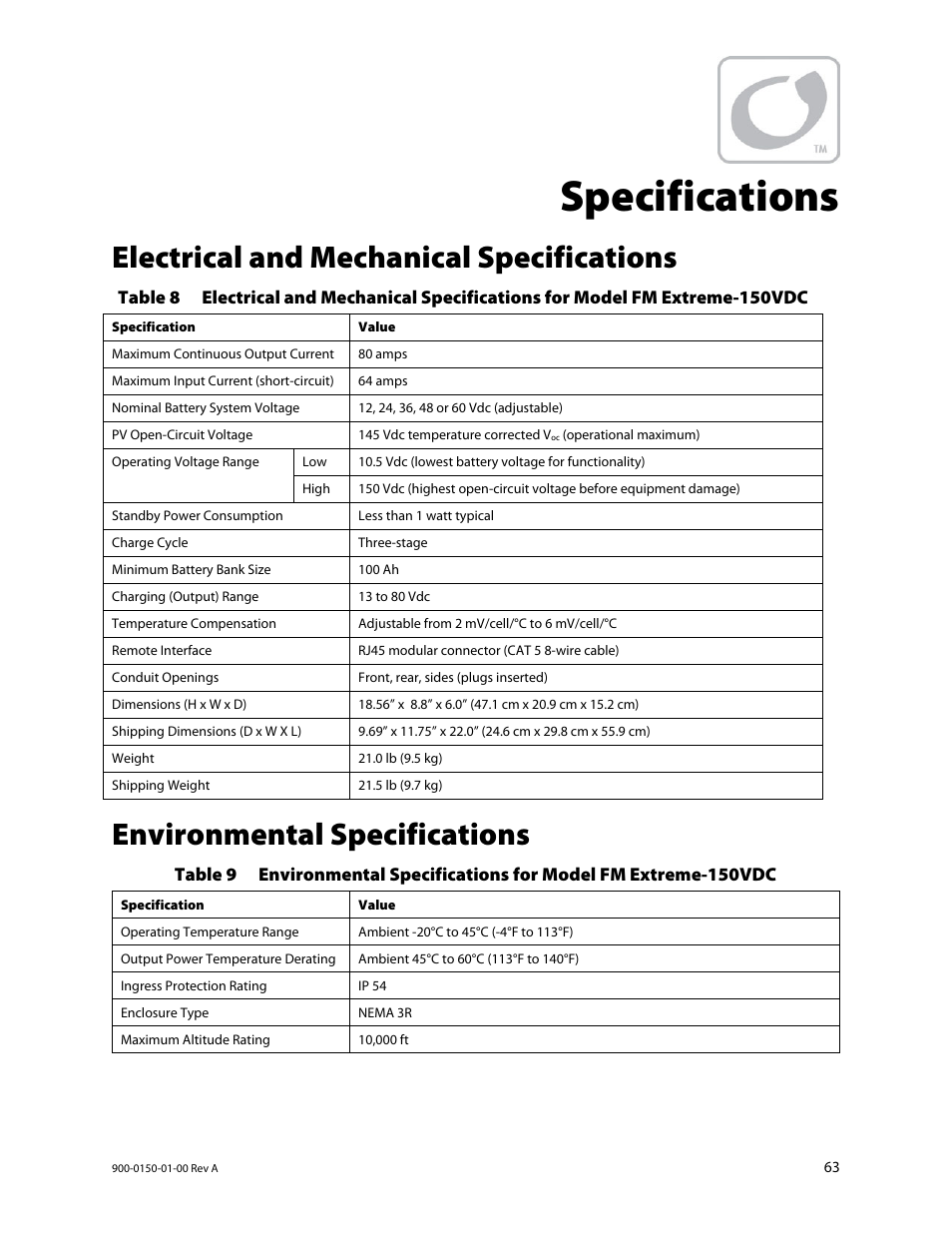 Specifications, Electrical and mechanical specifications, Environmental specifications | Outback Power Systems FLEXmax Extreme Owners Manual User Manual | Page 65 / 84