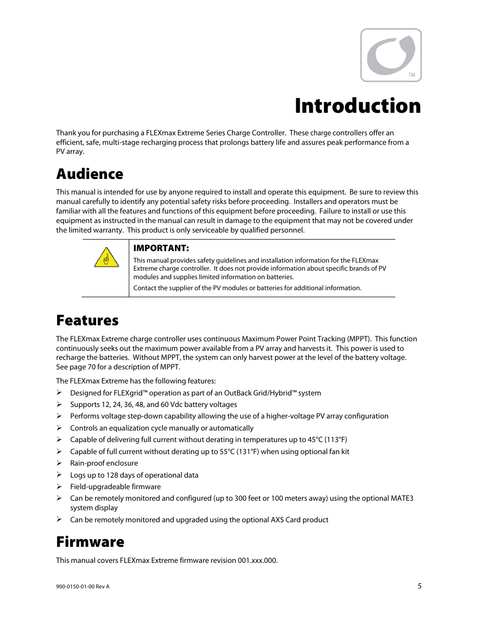 Introduction, Audience, Features | Firmware | Outback Power Systems FLEXmax Extreme Owners Manual User Manual | Page 7 / 84