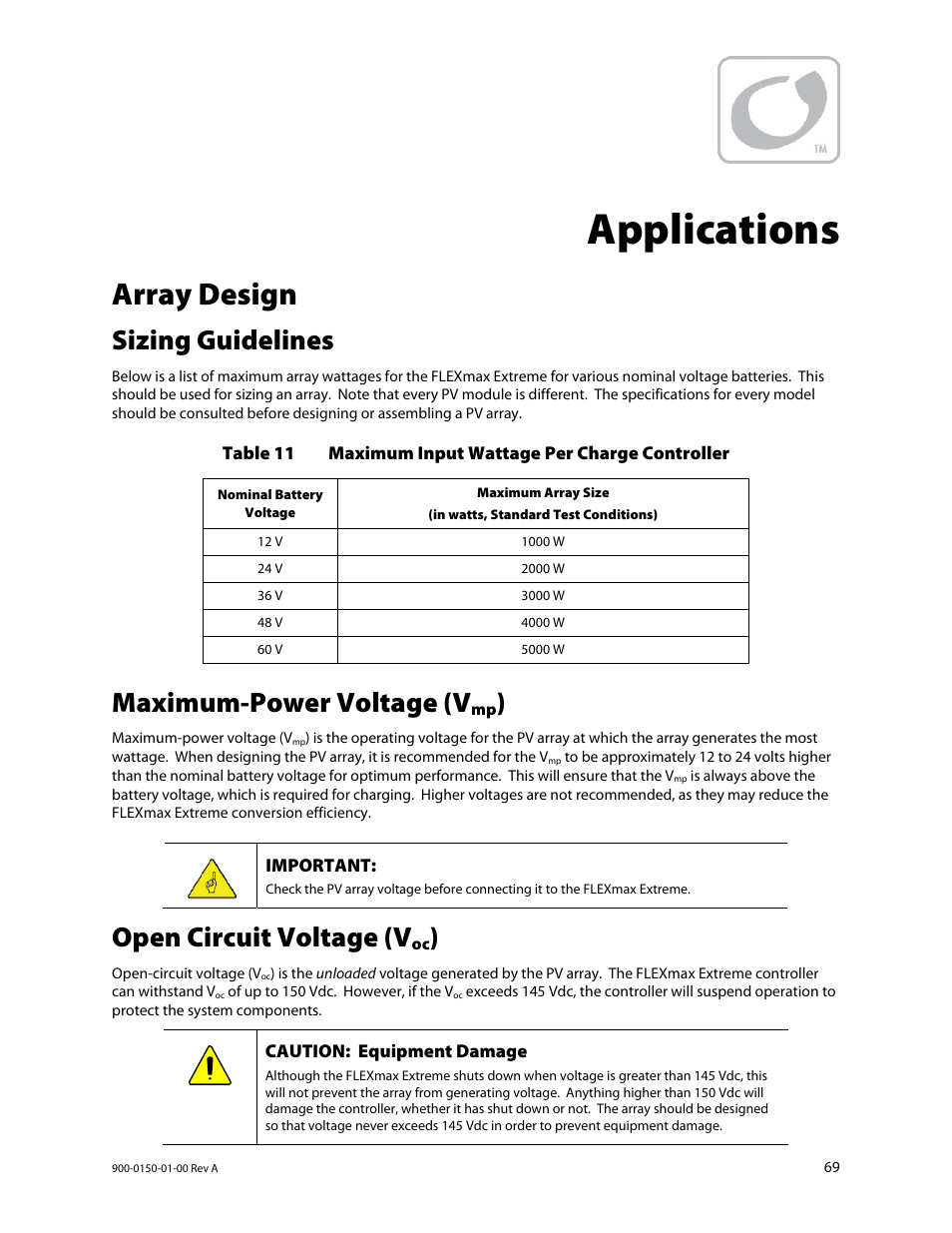 Applications, Array design, Sizing guidelines | Maximum-power voltage (v, Open circuit voltage (v | Outback Power Systems FLEXmax Extreme Owners Manual User Manual | Page 71 / 84